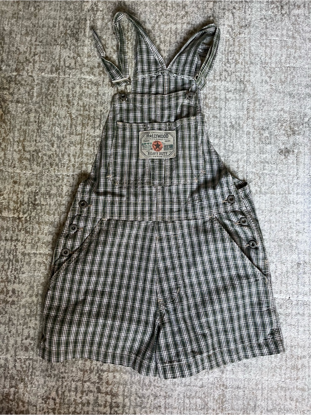 Plaid Short Overalls Romper - Green/White